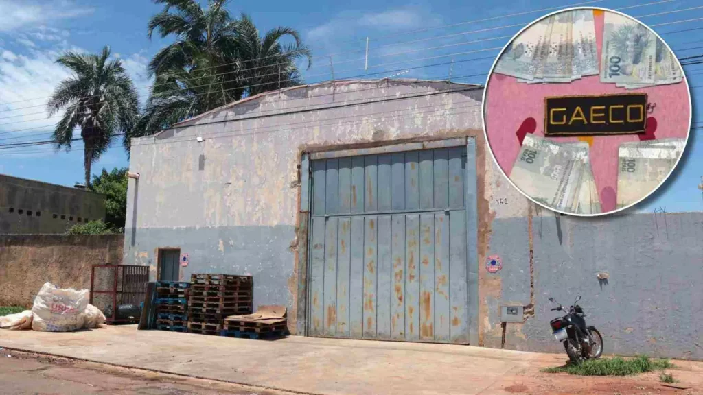 Sede da Zellitec em Campo Grande e detalhe para dinheiro apreendido pelo Gaeco (Reprodução)