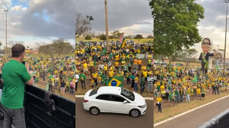 Salineiro no palanque e manifestantes acompanhando tudo - (Fotos: Reprodução das Redes Sociais)