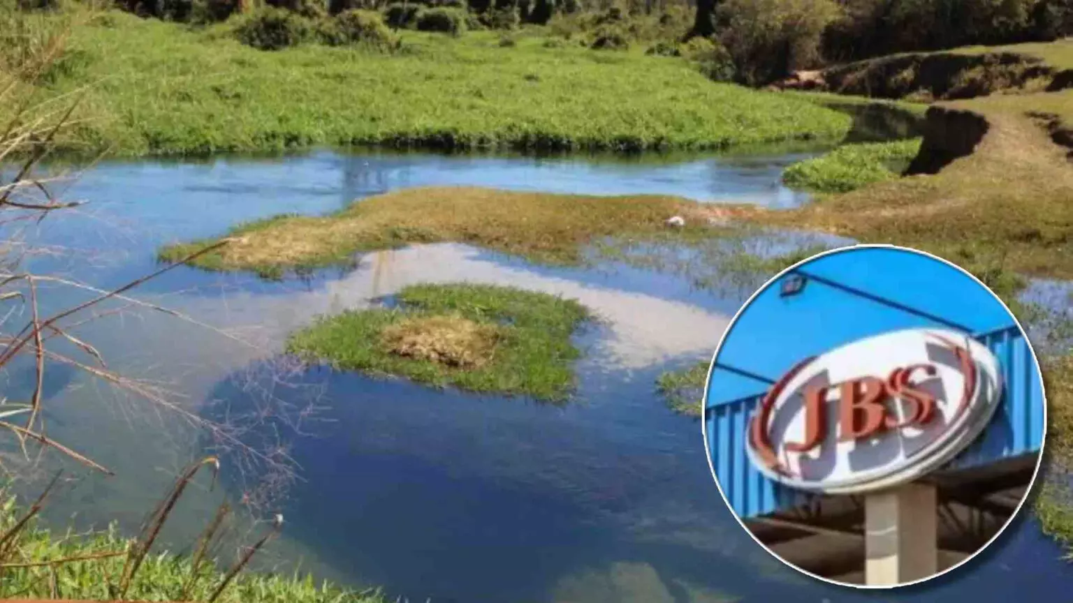 JBS é acusada de poluir córrego turístico em Nova Andradina. (Montagem: Reprodução / Detalhe da JBS: Arquivo, Jornal Midiamax)