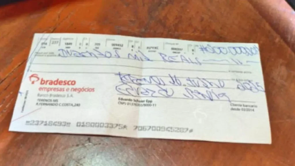 Cheque apreendido durante operação. (Reprodução, MPMS)