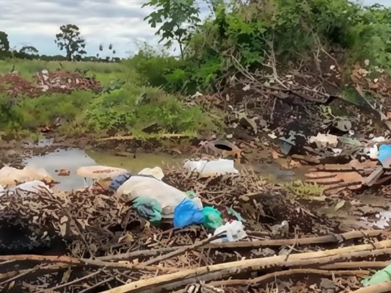 A estrada vicinal onde ocorre o descarte tornou-se ponto recorrente para deposição clandestina de galhadas, entulho de construção, lixo doméstico e carcaças de animais. (Foto: Laudo de vistoria)