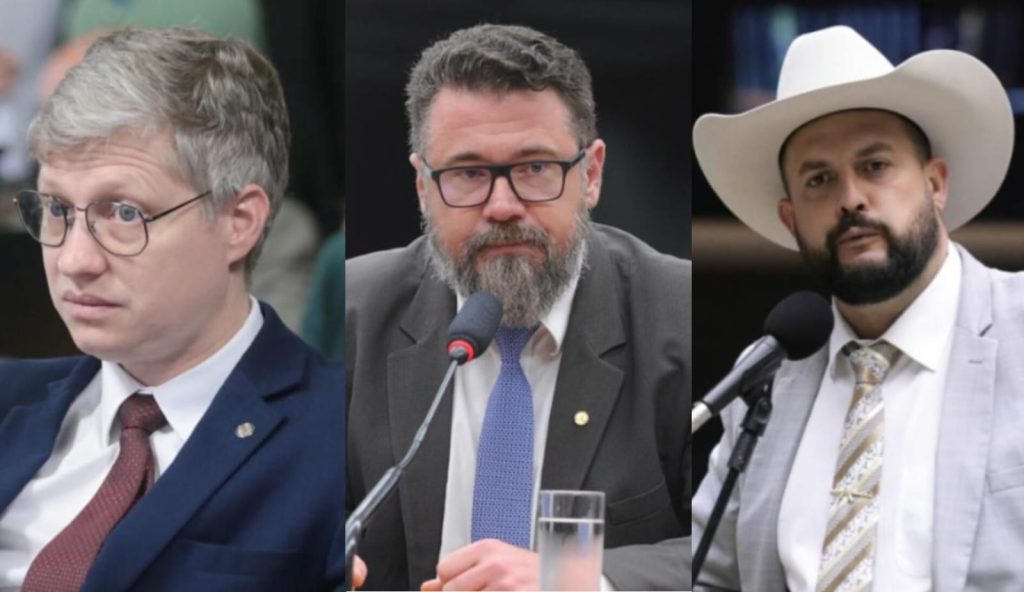 Deputado Marcel van Hattem, à esquerda na foto, deputado Marcos Pollon, no centro e o deputado Zé Trovão, à direita. (Fotos: Agência Câmara).