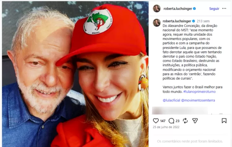 Roberta Luchsinger e Lula em uma das imagens de proximidade negada pelo presidente nas redes sociais da lobista. (Foto: Redes sociais)